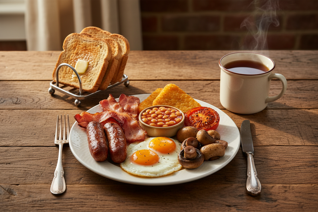 full English breakfast on a farmhouse table